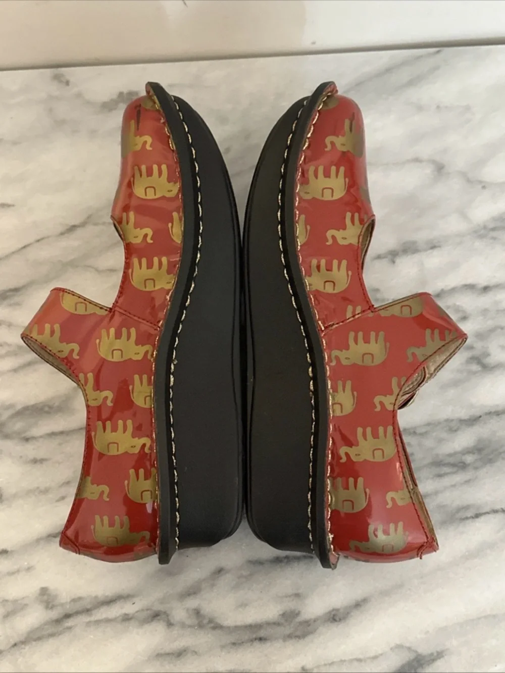 Alegria patent Red leather Mary Jane Platforms with Gold Elephant Accents